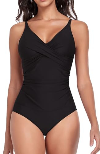 Deriwone Womens One Piece Swimsuit Ruched Tummy Control Swimming Costume Adjustable Bathing Suits Slimming Swimwear L,Black