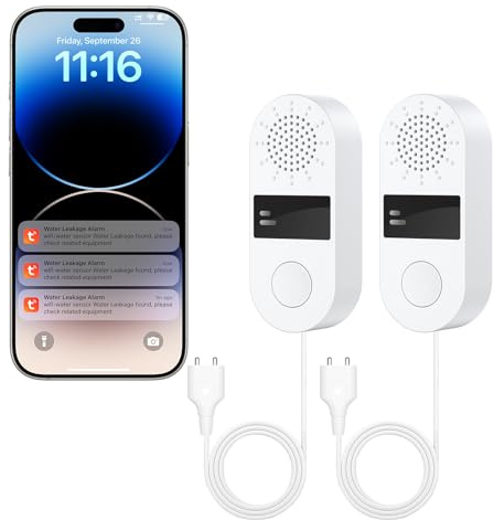 2-Pack WiFi Water Leak Detector, Battery Powered Water Sensor Alarm with 130dB Siren & 3.2FT Extended Cable Probe, App Alerts, No Hub Required for Home Basement Kitchen Bathroom