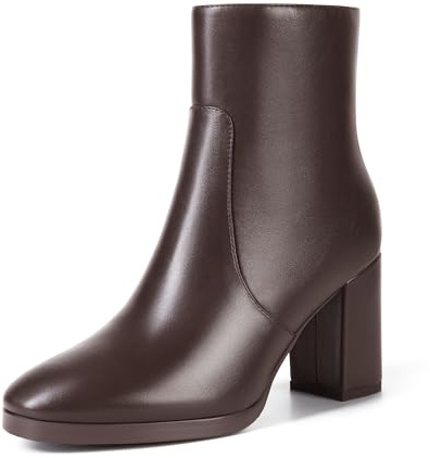 Aitikiss Women's Heeled Ankle Boots Side Zipper Chunky Block Heel Booties Fall Ankle Booties For Office Work Round Toe Booties (Brown,7)