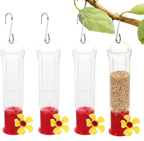 Mangiatoia per uccelli Colibrì – Distributore di cibo e abbeveratoio trasparente – Mini mangiatoia antiformiche e api 4 pezzi con ganci in acciaio inox, per giardino, terrazza albero decorati