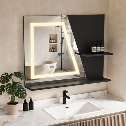 YU YUSING Specchio Bagno con 2 Ripiani, Specchio da Parete 80x60 cm, Nero