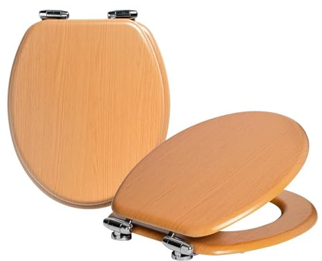 Harbour Housewares Soft Close Wooden Toilet Seat - Beech - Pack of 2 | Oval-Shaped Antibacterial Loo Lid with Easy Install Universal Hinges, Fixings & Fittings for Bathroom Toilet Replacement