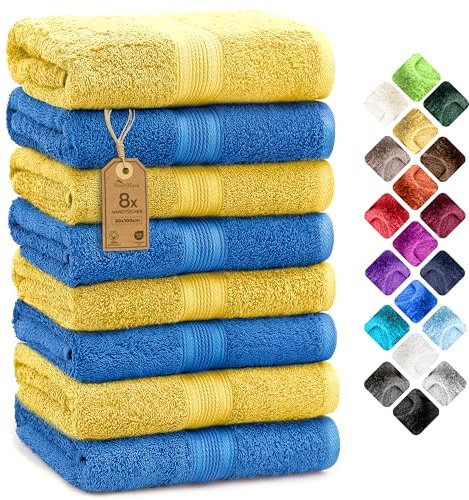 NatureMark 8 Handtücher Set - 100% Baumwolle - Saugfähige und langlebige Handtücher, Größe 50×100 cm, Gelb/Royalblau