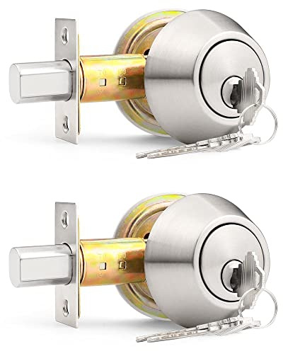 Probrico Satin Nickel Double Cylinder Deadbolt with 2 Side(Both) Keyed, Round Modern Contemporary Deadbolt Door Lock for Interior and Exterior, Different Keys, 2 Pack