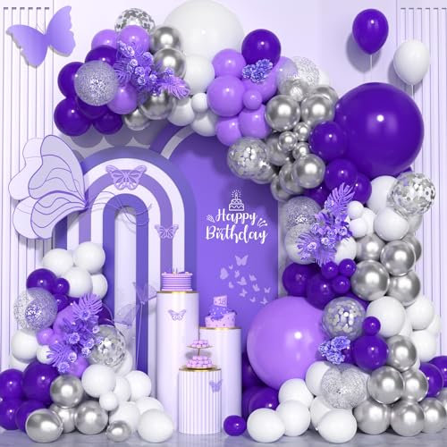Kit Arche Violet, 130 pcs Guirlande Ballon Violet Clair Foncé Blanc Mat avec Métallique Confettis Argent pour Femmes Filles Fêtes d'Anniversaire Baby Shower Baptême Mariage Bébé Douche Décoration