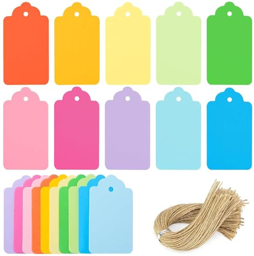 HAKACC 200PCS Colorful Gift Tags with String, Small Paper Tags in 10 Assorted Colours for Christmas Wrapping, Festive Crafts, Scrapbooking, Bookmarks, Party Decorations and DIY Projects