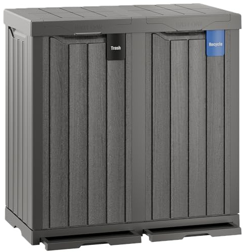 EAST OAK 62 Gallon Outdoor Trash Can | Waterproof Resin Garbage Can with Recycle and Garbage Labels | Secure Bag Lip Lock and Drip Tray | Outside Trash Bin for Patio | Kitchen, Backyard or Deck | Gray