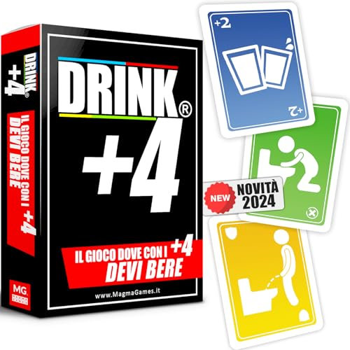 Magma Games DRINK +4 - Giochi Alcolici da uno a +12 Giocatori, Gioco Alcolico per Adulti con Carte Divertenti, Drinking Game da Sbronzami con Shottini per Addio al Nubilato, Celibato, Feste, Roulette