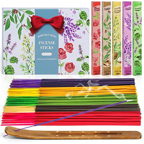 Incense Sticks, Scent of Sandalwood, Lavender, Rose, Patchouli, Vanilla Coconut, Perfect for Yoga, Aromatherapy, Meditation, Gift Set for Women, Mother's Day, 150 Sticks with Incense Holder