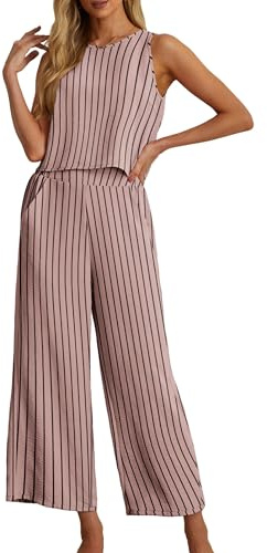 IWOLLENCE Co Ord Sets for Women 2 Piece Outfits Lounge Wear for UK Travel Airport Set Sleeveless Crop Tops Wide Leg Trousers with Pockets Casual Tracksuit Full Set Elegant (Stripe Pink, L)