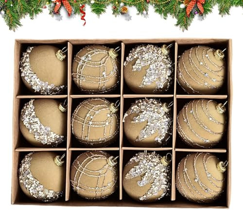 Nybhyjka 12 Palline Di Natale In Velluto Floccato Da Appendere In Velluto Vintage Rosso E Oro, Decorazione Per Albero Di Natale Floccata Bordeaux,Palla Per Albero Di Natale Retrò Con Glitter