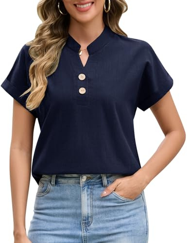 UMIPUBO Womens Blouse Summer Short Sleeve T Shirts Half Button V Neck Basic Cotton Tops Cap Sleeve Ladies Tees Shirts Solid Color Blouses Casual (Navy, L)
