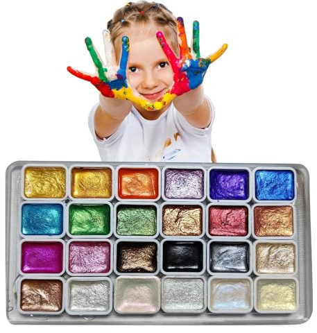 Juego de pintura de acuarela M-etallic | Juego de acuarela nacarada de 24 colores | Caja de pintura sólida de acuarela con purpurina nacarada para pintar y colorear