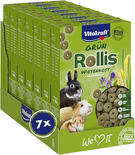 Vitakraft Rollis, krispspärrningar, kompletteringsfoder för gnagare, med alfalfa- och ängsljussgräs, stöder matsmältning och tandnötning, utan tillsats av socker och spannmål (7 x 500 g)