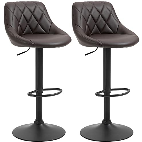 HOMCOM Set 2 Sgabelli da Bar con Altezza Regolabile, Base in Metallo e Seduta Finta Pelle, Sgabelli Alti Moderni Girevoli con Schienale e Poggiapiedi 46x48x83-104cm, Marrone Scuro e Nero