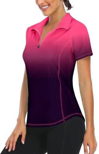 Syphiby Gym Top Women Short Sleeve Polo Shirts 1/4 Zip Up Moisture Wicking Golf Tops Sports Workout Running Tshirt S-XXL Black Purple