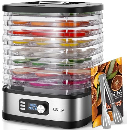 OSTBA 8-Tray Food Dehydrator, 72H Timer & Temp Control up to 158℉, Includes 8 Mesh Sheets, 1 Fruit Roll Tray, 1 Tongs, Recipe Book for Jerky, Fruit, Meat, Vegetables, Herbs, BPA-Free