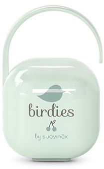 Suavinex, Portaciuccio Neonato, per 2 Ciucci, Custodia Resistente e Facile da Pulire, Manico Flessibile da Appendere alla Borsa, Passeggino o alla Culla, Chiusura di Sicurezza, +0 Mesi, Birdies Verde