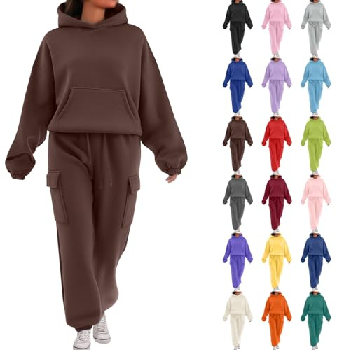 HOOUDO Tuta Intera Donna Sportiva 2 Pezzi Tute Casa Cotone Completo Palestra Felpata Tute Ginnastica in Pile Vello Foderato Felpa Cappuccio e Pantaloni Invernali Donna