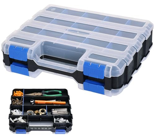 DASBET Organizador de herramientas de doble cara con 34 compartimentos, caja organizadora de herramientas personalizable con tapa transparente, organizador surtido de herramientas para tornillos