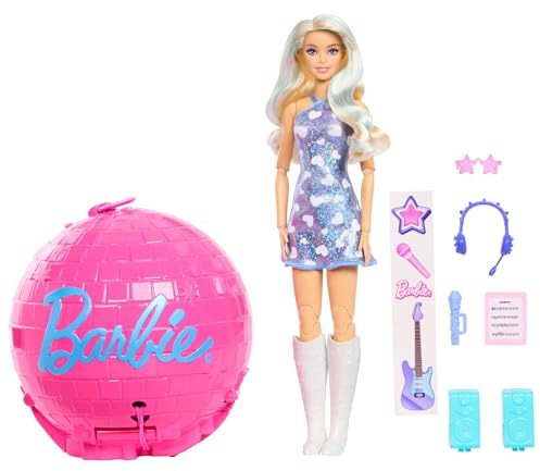 Barbie Team Barbie Roll and Reveal popstjärnedocka med tillbehör | Blond modedocka med 8 överraskningar och discofodral, JMK19