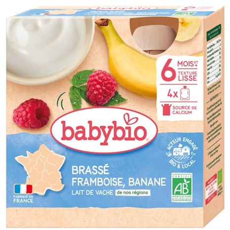 Babybio brassé framboise banane pack de 4 gourdes de 85g