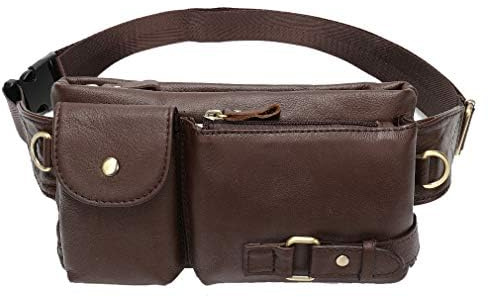 Hebetag Bolsa De Cuero De La Vendimia Fanny Pack para Hombres Mujeres Viajes Caza Senderismo Escalada Multiuso Hip Bum Cinturón Delgado Teléfono Celular Monedero Bolsa café