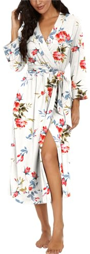VINTATRE Women Kimono Robes Long Knit Bathrobe Lightweight Soft Knit Sleepwear V-neck Casual Ladies Loungewear FP-White-Medium
