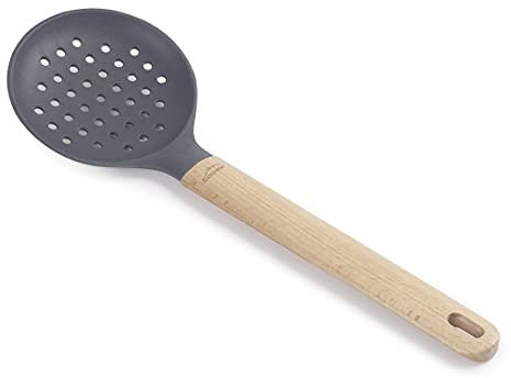 Lacor 68188 - Schiumarola in silicone Unite Paletta Foratura Professionale, Manico in legno di faggio, non dance la padella, resistente alle alte temperature, senza BPA, lunghezza: 34 cm, Ø11, grigio