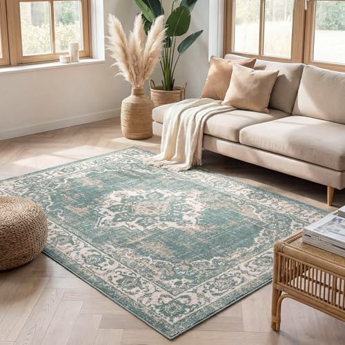 FRAAI | Home & Living Vintage Teppich - Spring Medaillon Grün Creme - 120x170 cm - Polypropylen - Kurzflor - Vintage - Boho, Orientalisch - Wohnzimmer, Esszimmer, Schlafzimmer