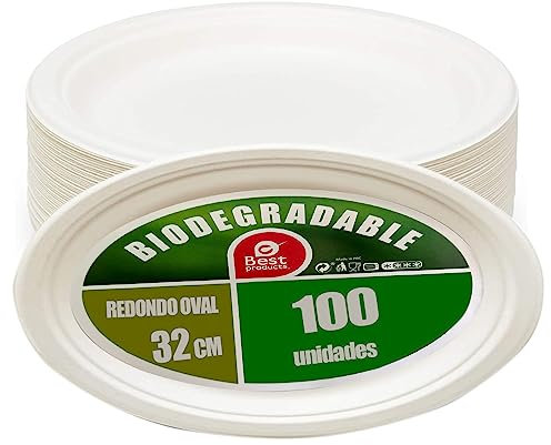 Platos Desechable Vajilla Ecológica y Biodegradable 100 piezas,Platos Caña de Azúca Blanca Desechables Extrafuertes Oval 32cm para Fiestas,Camping,Picnic,Barbacoas