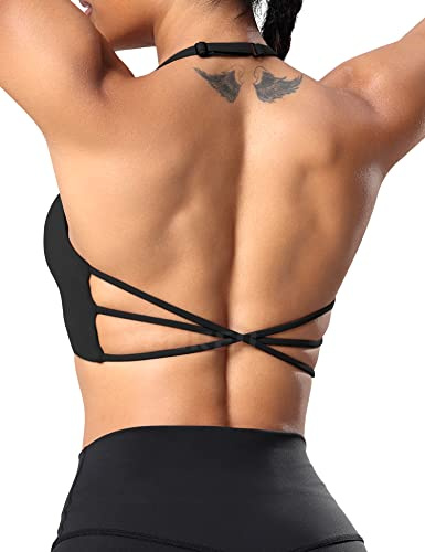 YEOREO Women's Sports Bra Halter Workout Sports Bra Strappy Criss Cross Back Bra Removable Padded Yoga Crop Top Black L