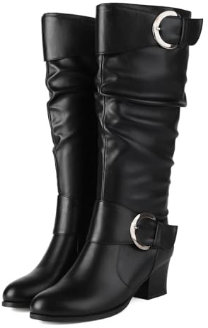 Voviggiw Femmes Mollet Large Jusqu'au Genou Bottes Tombantes Bout Rond Mariée à Boucle Bottes d'équitation Moyen Talons Bloc Bottes au Genou Fermeture éclair Latérale Noir Taille Marquée 37