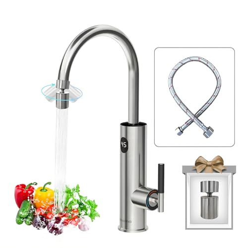 Briwellna Instant Hot Water Tap, 220V Stainless Electric Tap Universal Nozzle, Flexible and Convenient, 360 Degrees Rotate Cold and Water Heater Faucet (Silver)