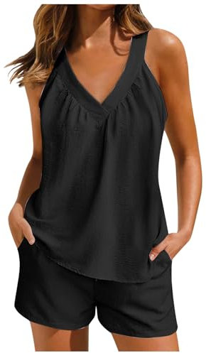 Co Ord Sets for Women Summer Two Piece Outfit Homewear Loungewear V Neck Sleeveless Tunic Tops with Shorts Y2K Tracksuits 2 Piece Lounge Set Pyjamas Sets for Holiday Beach Streetwear
