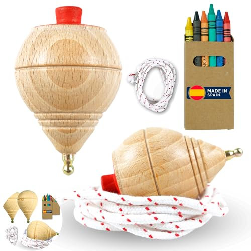 AF® - Kreisel Holz Set Mit 2 Kreiseln für Kinder + 6 Buntstifte | Personalisiere Deinen Traditionellen Holzkreisel
