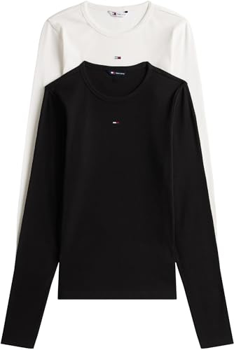 Tommy Jeans Donna Magliette Maniche Lunghe Confezione da 2 Slim Essential Rib Scollo Rotondo, Multicolore (Black/Ecru), M