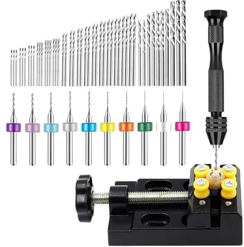 60 Stück Handbohrer Set, 48 Mini Bohrer 0.5-3.0 mm, 10 PCB Bohrer Bit Set 0.3-1.2mm, Handbohrer mit Schraubstock, Robust und Langlebig, für Holz, Metall, Kunststoff (Schwarz)