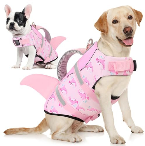 AOFITEE Schwimmweste Hund Klein, Hundeschwimmweste Hai für Schwimmen, Hohe Flotation Rettungsweste mit Rettungsgriff und Reflektorstreifen für Kleine, Mittlere, Große Hunde, PinkWhale S