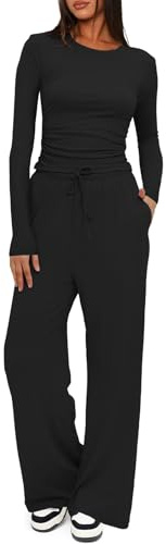Yutdeng Tuta Donna Casual Elegante 2 Pezzi Top a Maniche Lunghe e Pantaloni Tute a Gamba Larga con Tasche Coulisse Slim Fit Tuta Ginnastica Set Coordinati Abbigliamento Sportivo Palestra