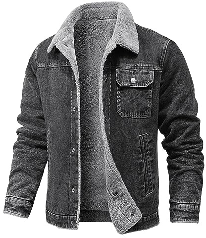 ZDSUHYIW Veste d'hiver pour homme - Veste en jean polaire - Doublure chaude - Veste d'hiver mi-saison - Manteau en jean épais - Veste d'extérieur thermique coupe-vent et chaude, gris, L