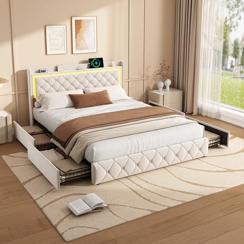 BAJKNIU Cadre de lit rembourré 140x190 avec rangement, Cadre de lit double avec 4 tiroirs et sommier à lattes rembourré, lit double avec USB et LED, sans matelas
