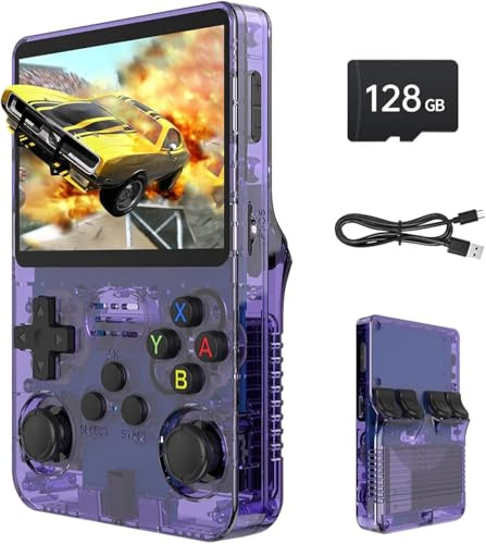 Console di gioco portatile retrò R36S, console di gioco retrò con schermo IPS da 4,0, oltre 30 emulatori tradizionali, oltre 22.000 giochi classici, scheda SD 128 GB, batteria da 4000 mAh - Viola