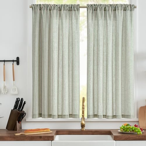 TOPICK Striped Kitchen Curtains, Linen Cafe Curtains, Green W50xL54, 2 PCS | Rod Pocket Curtains, Light Filtering Privacy Drapes for Bathroom, Bedroom, Sink, Basement, Caravan, Cupboard, Living Room