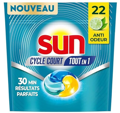 SUN Capsules Cycle Court Dès 30 Minutes Tout en 1 - Tablettes Lave-Vaisselle Anti-Odeur - Nettoyage Parfait Sans Résidu - Parfum Citron Vert, Thé Vert - Pastilles Lave-Vaisselle en Gel - 22 Lavages