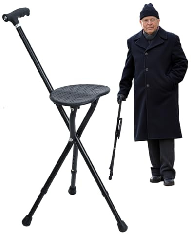 Folding Walking Stick with Seat, 2-in-1 Cane Stool for Adults, Aluminum Walking Cane, Portable Cane Stool for Seniors, up to 150 kg, Carry Chair for Hiking Traveling Camping Fishing