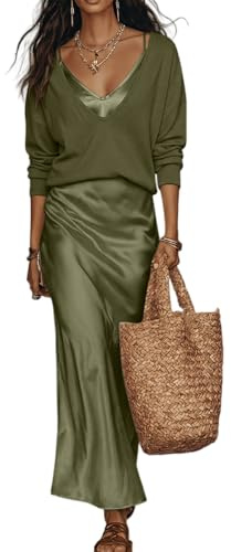 Minetom Ensemble Robe Femme 2 Pièces Elegant Col en V Bretelles Spaghetti Satin Robes et Pull