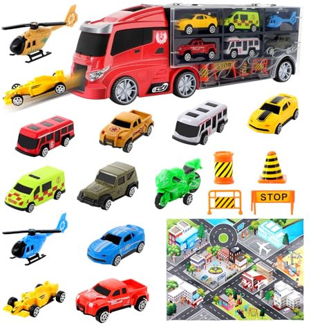 deAO Camion de Transporteur pour Enfant, 17 en 1 Portable Jouet dans Véhicule de Transport Voitures avec 10 Cars 2 Helicopters, Cadeau Anniversaire pour 2 3 4 Ans Garcon Filles Enfants
