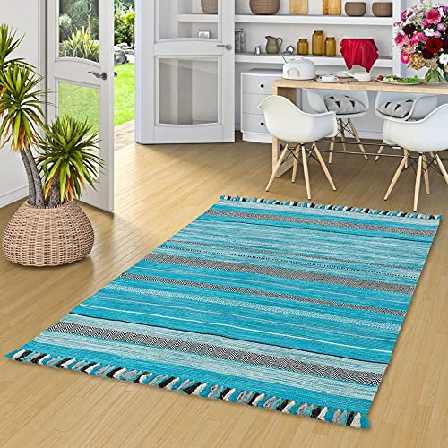 Pergamon Natur Teppich Kelim Kalleen Türkis in 6 Größen