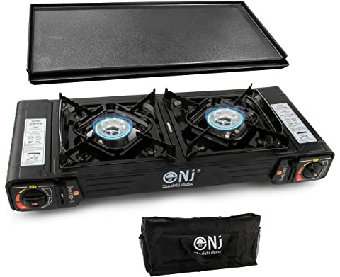 NJ DS-22 Double Camping Stove - 2 Burner Portable Butane Gas Cooker Carry Bag Grill Plate BBQ Outdoor
